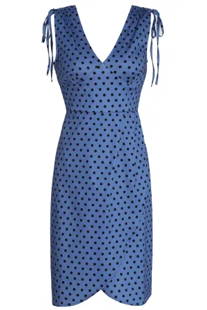 Adela Sleeveless Wiggle Dress in Blue Polka Dot Print