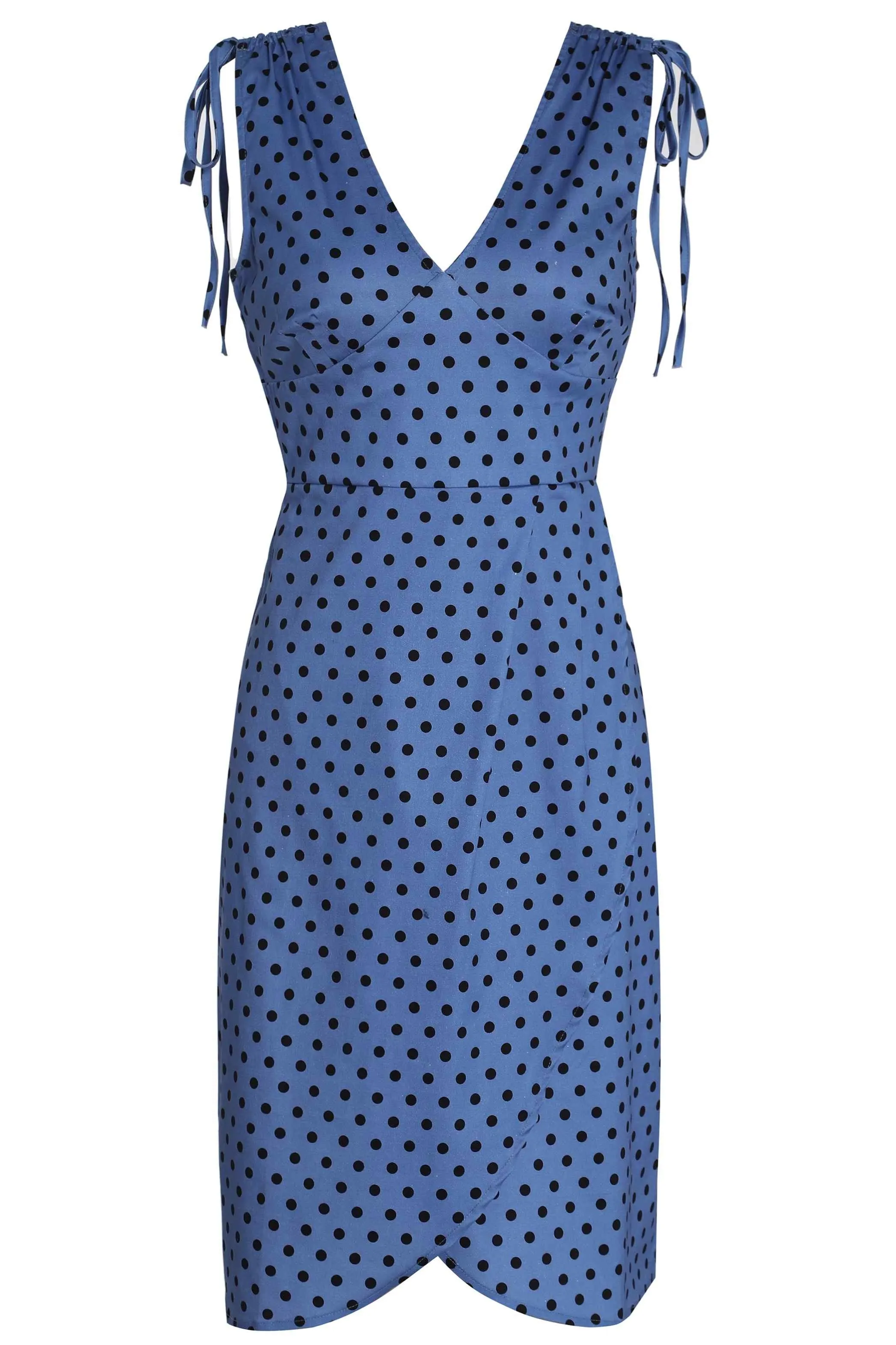 Adela Sleeveless Wiggle Dress in Blue Polka Dot Print