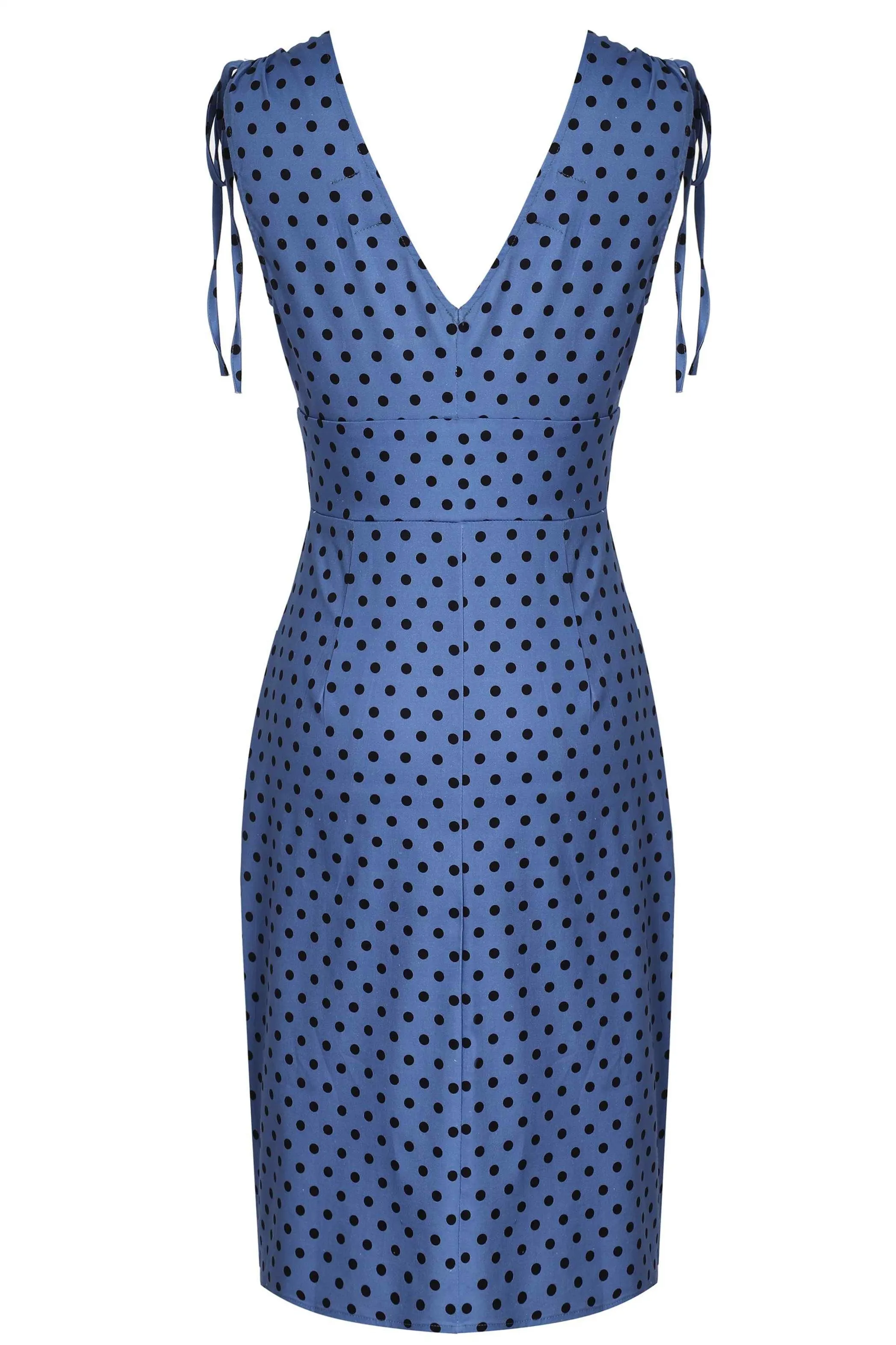 Adela Sleeveless Wiggle Dress in Blue Polka Dot Print