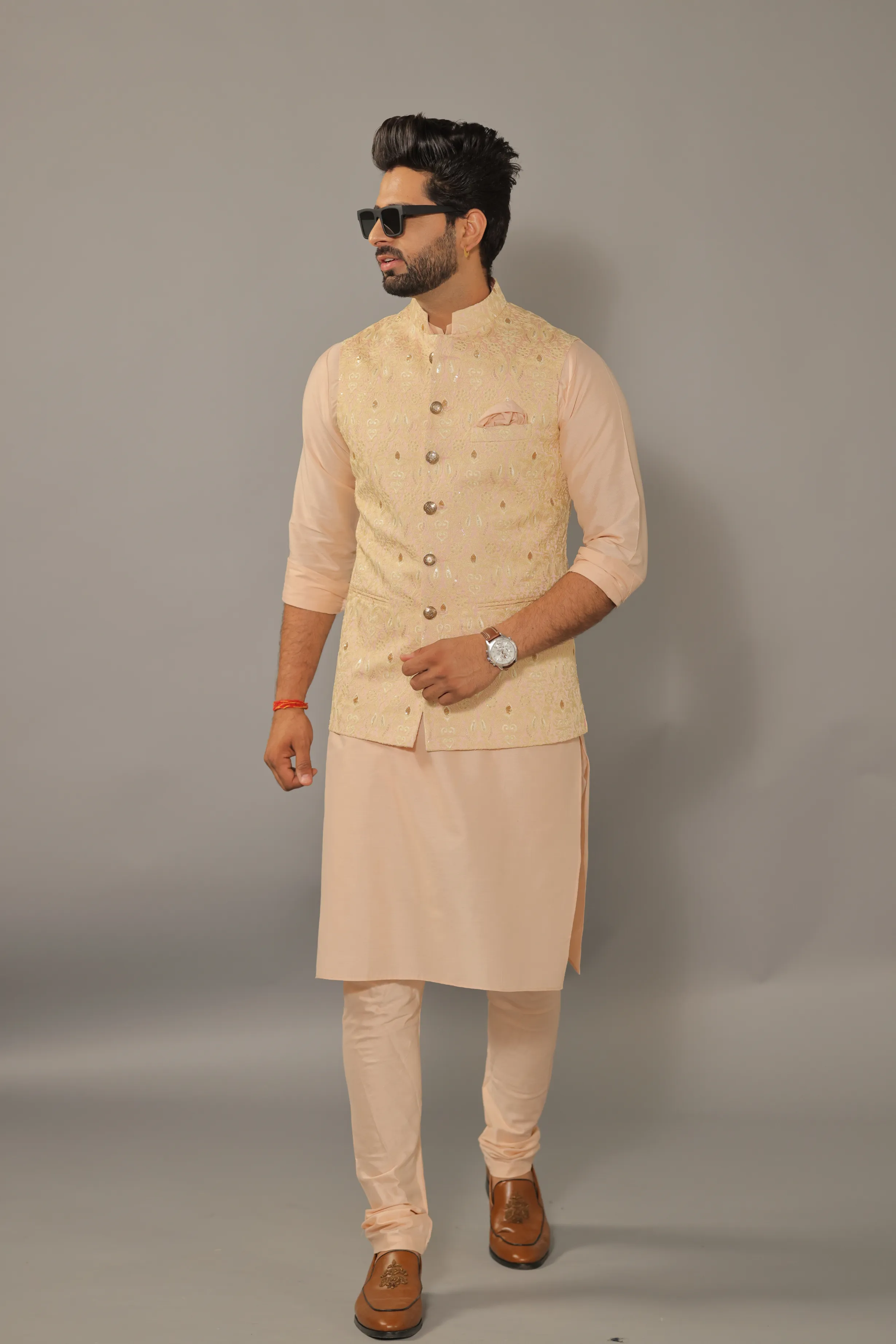 Alluring Peach Luckhnawi Sequin Embroidered Nehru Jacket with Peach Kurta Pajama Set - Handcrafted | Free Personalization | Diwali, Sangeet Party