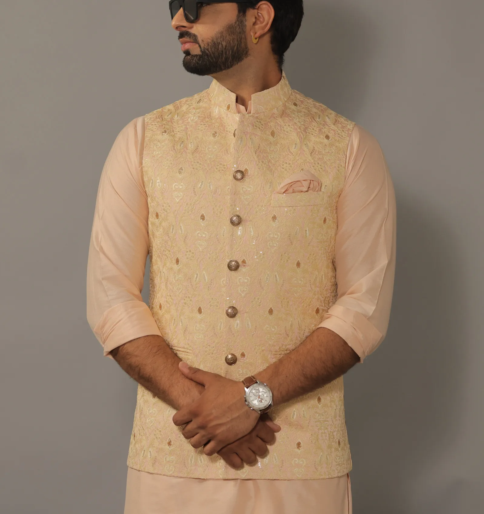Alluring Peach Luckhnawi Sequin Embroidered Nehru Jacket with Peach Kurta Pajama Set - Handcrafted | Free Personalization | Diwali, Sangeet Party