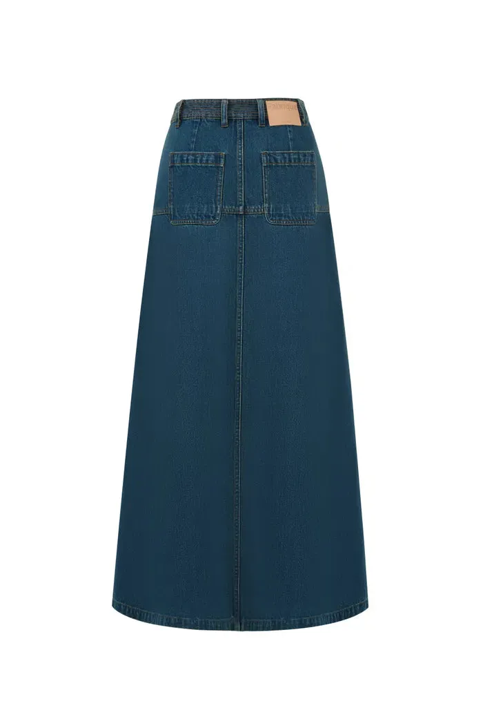 Bailey Pocketed Skirt in Washed Cotton Denim