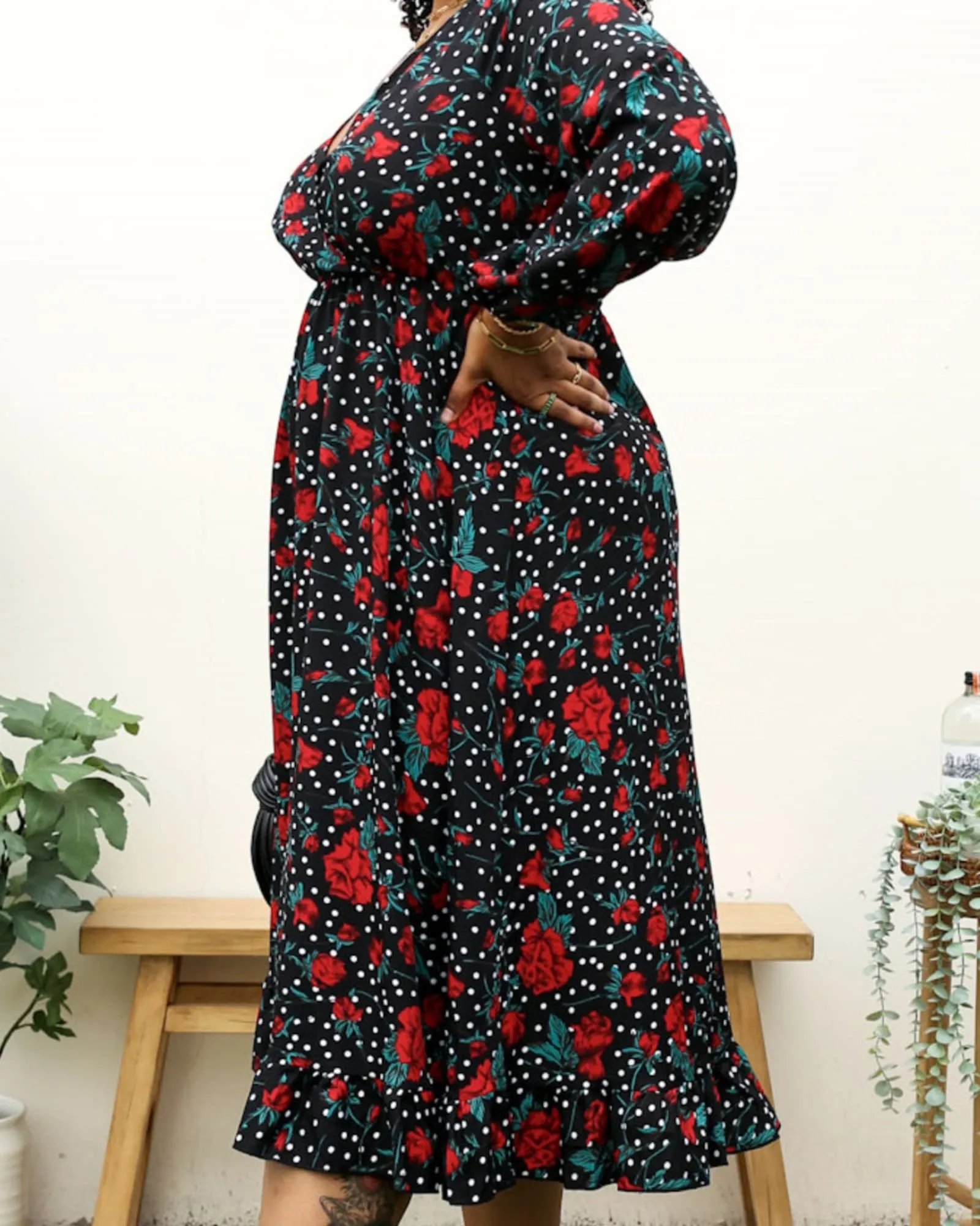 Bell Sleeves Rose Floral Print Wrap Maxi Dress | Black