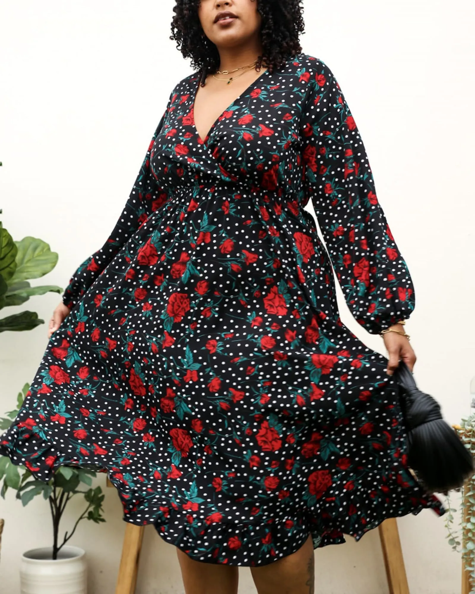 Bell Sleeves Rose Floral Print Wrap Maxi Dress | Black