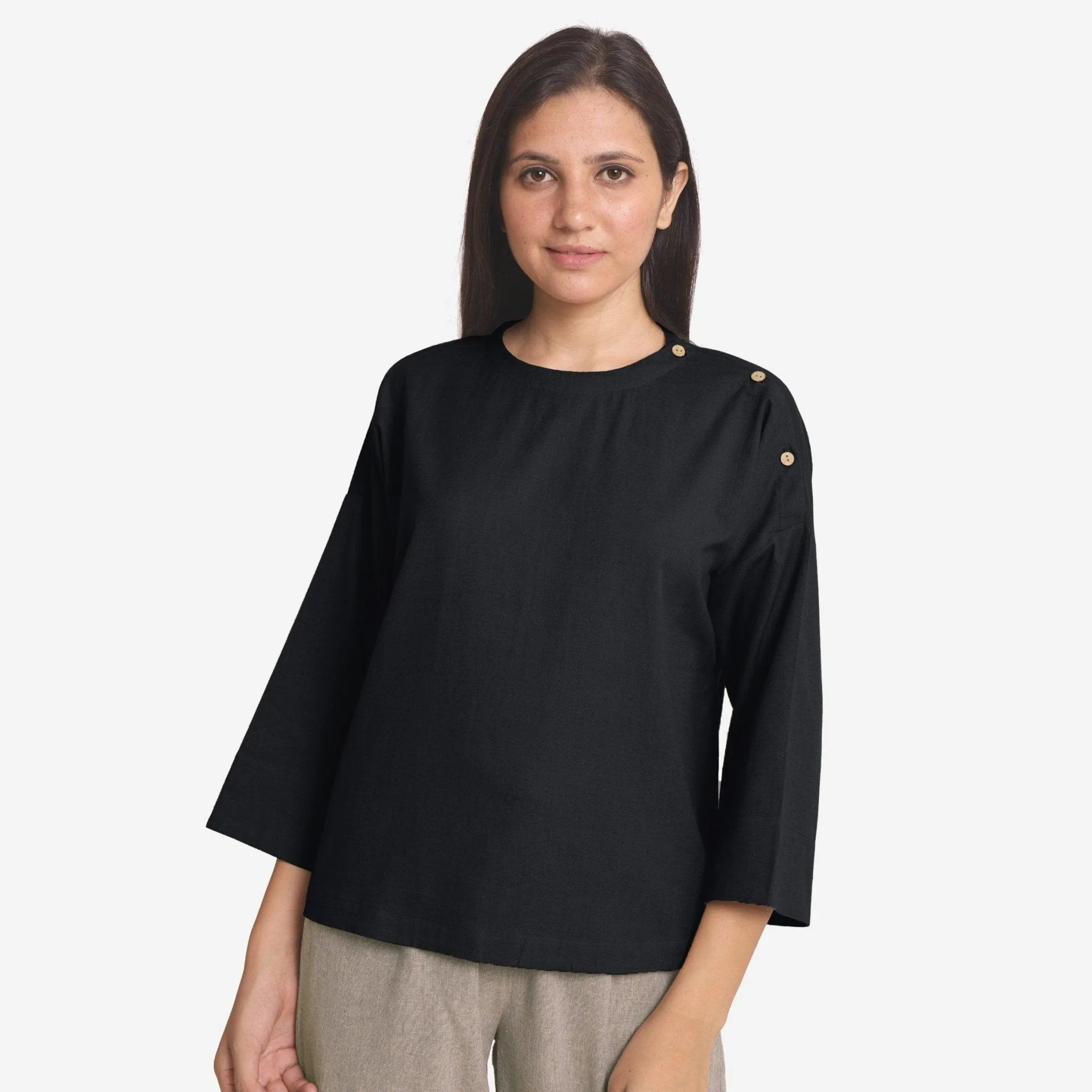 Black Cotton Flax Round Neck Loose Fit A-Line Top