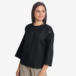 Black Cotton Flax Round Neck Loose Fit A-Line Top