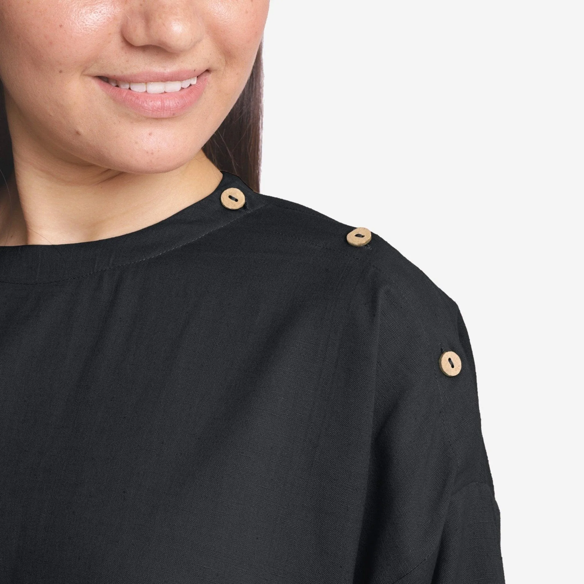Black Cotton Flax Round Neck Loose Fit A-Line Top