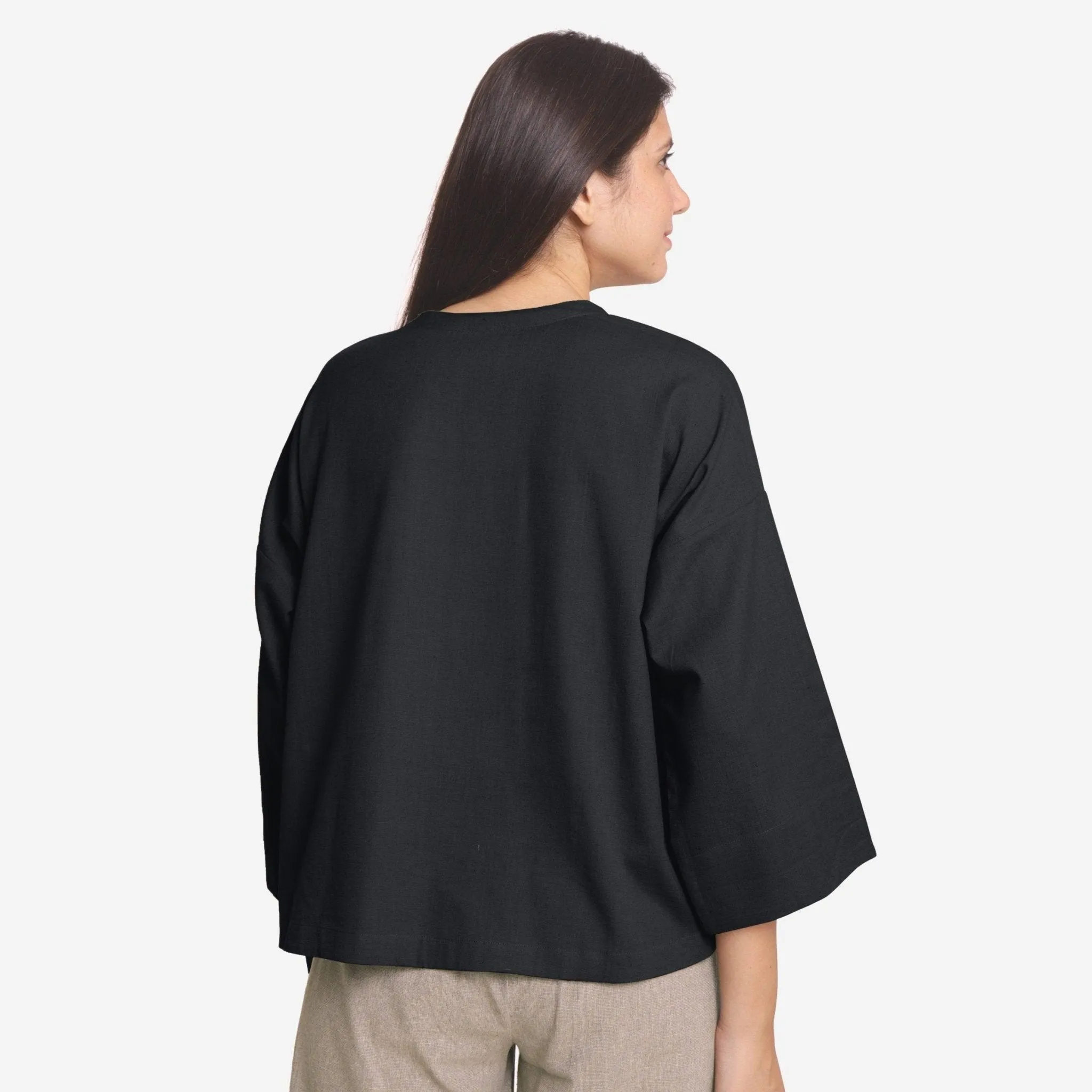 Black Cotton Flax Round Neck Loose Fit A-Line Top
