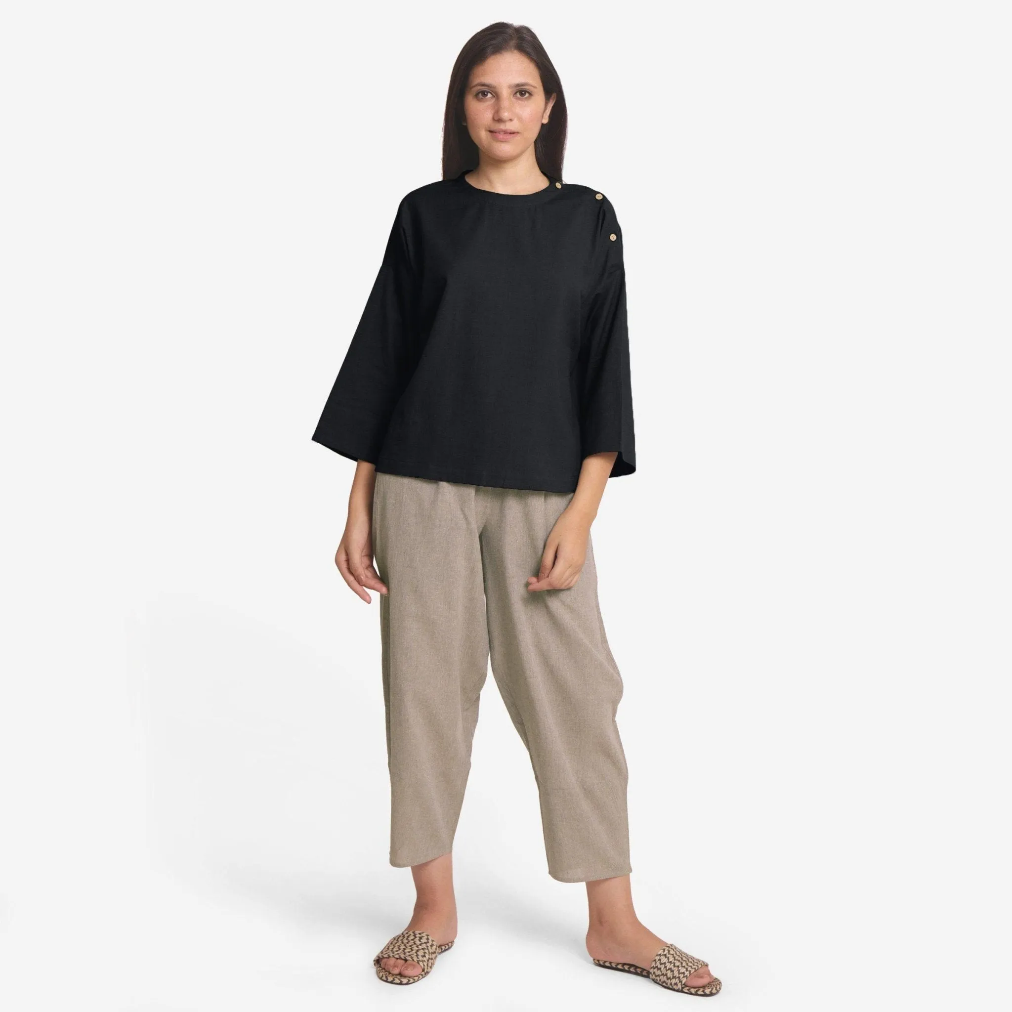 Black Cotton Flax Round Neck Loose Fit A-Line Top