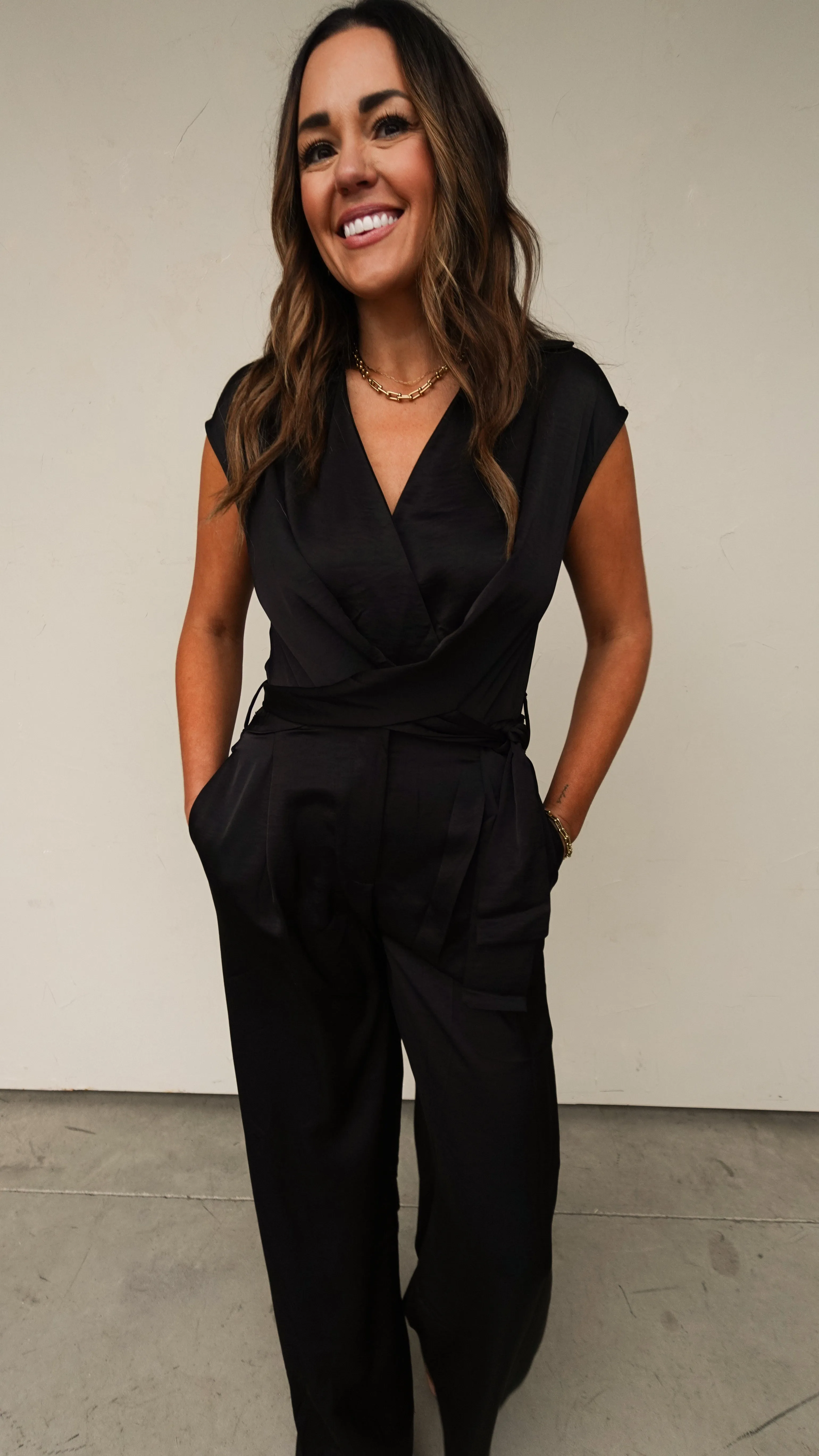 Black Satin Belted Jumpsuit