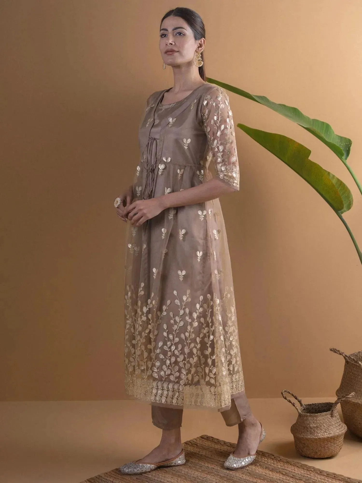Brown Solid Shantoon Straight Kurta With Jacket