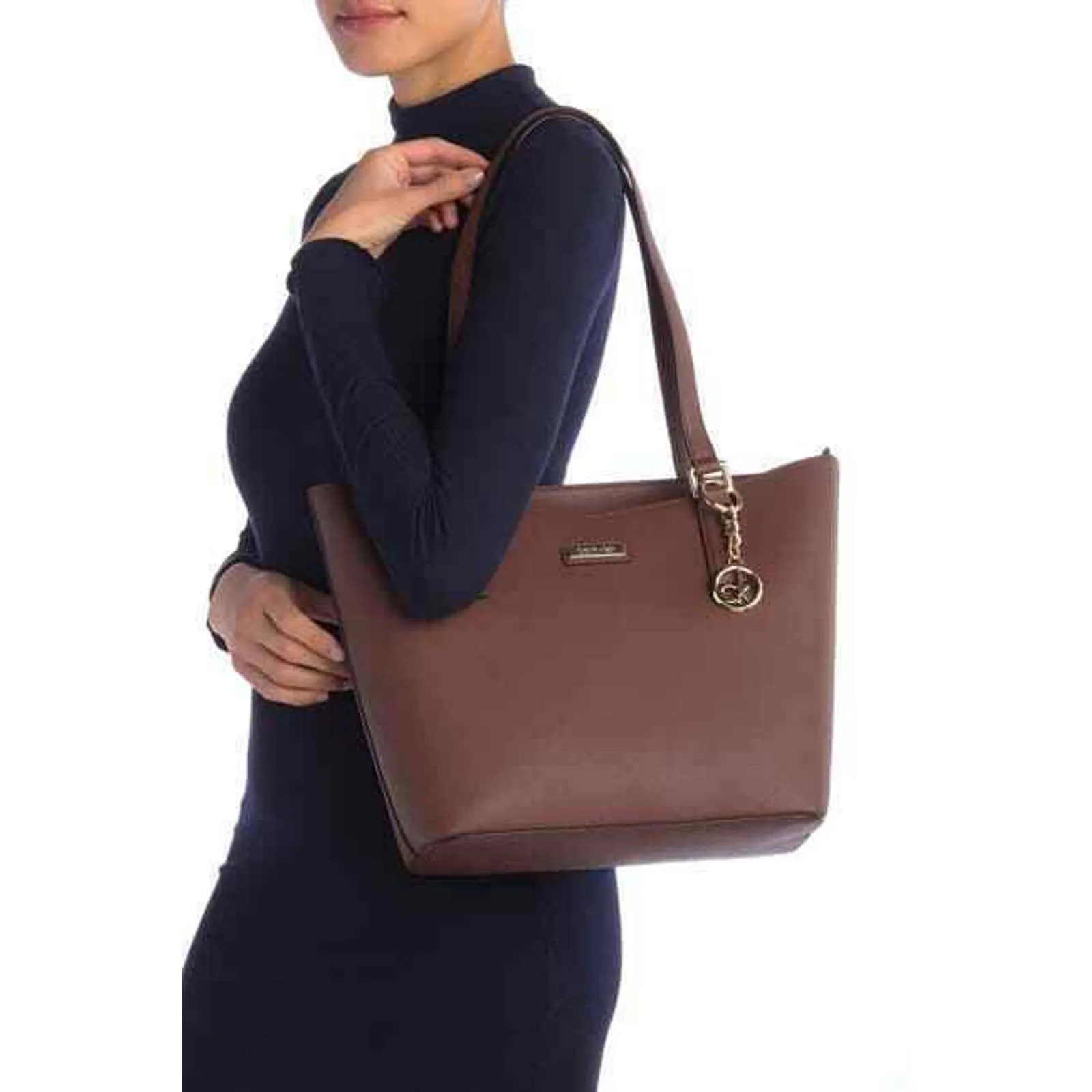 CALVIN KLEIN KEY SAFFIANO LEATHER TOTE DOUBLE STRAP, WALNUT GOLD