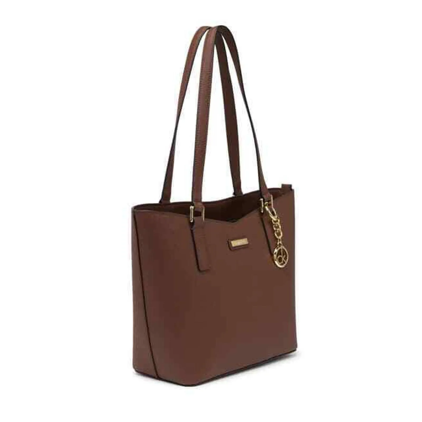 CALVIN KLEIN KEY SAFFIANO LEATHER TOTE DOUBLE STRAP, WALNUT GOLD