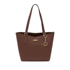 CALVIN KLEIN KEY SAFFIANO LEATHER TOTE DOUBLE STRAP, WALNUT GOLD