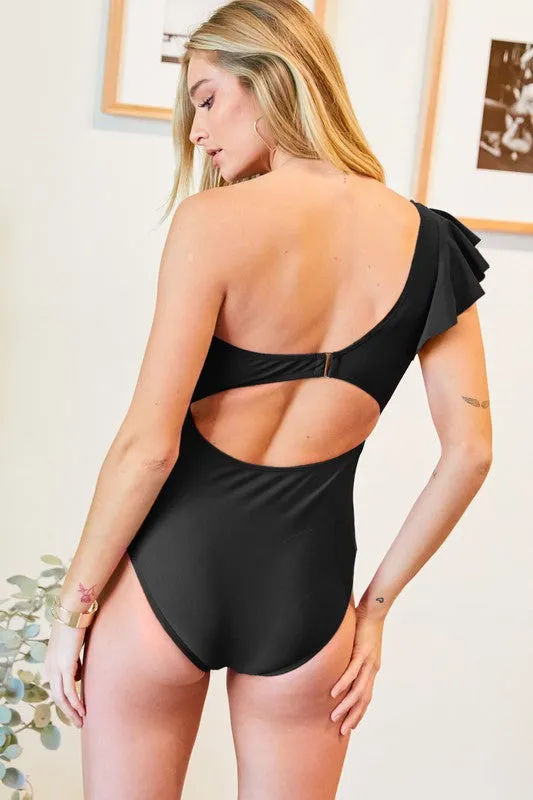 Explore More Collection - Solid One Shoulder One Piece Swimsuit