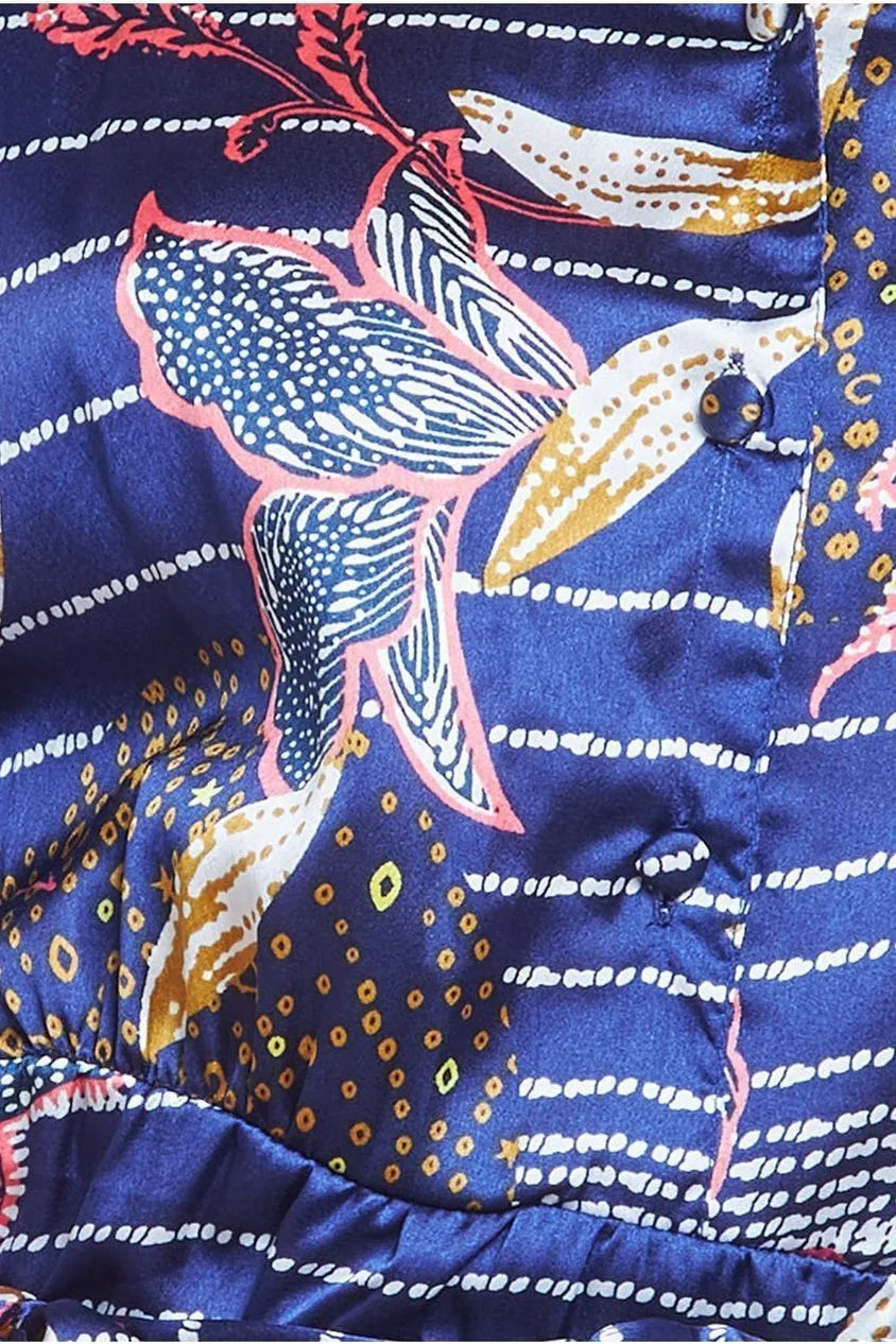 Goddiva Printed Tiered Shirt Midi Dress - Navy