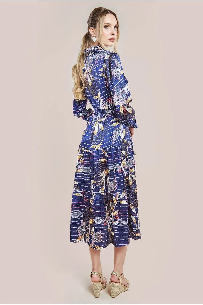 Goddiva Printed Tiered Shirt Midi Dress - Navy