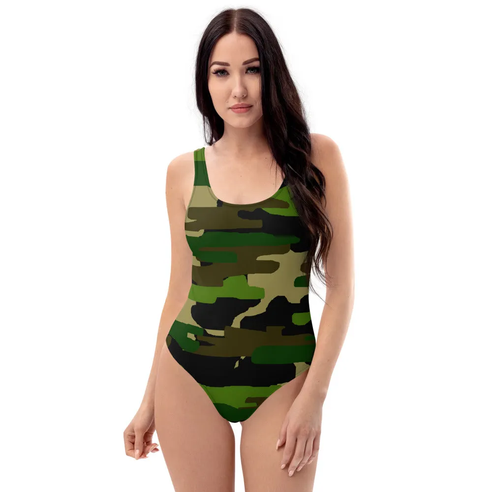 Green Camo Print Women's Swimwear, Camouflage Military 1-Piece Swimsuit-Made in USA/EU