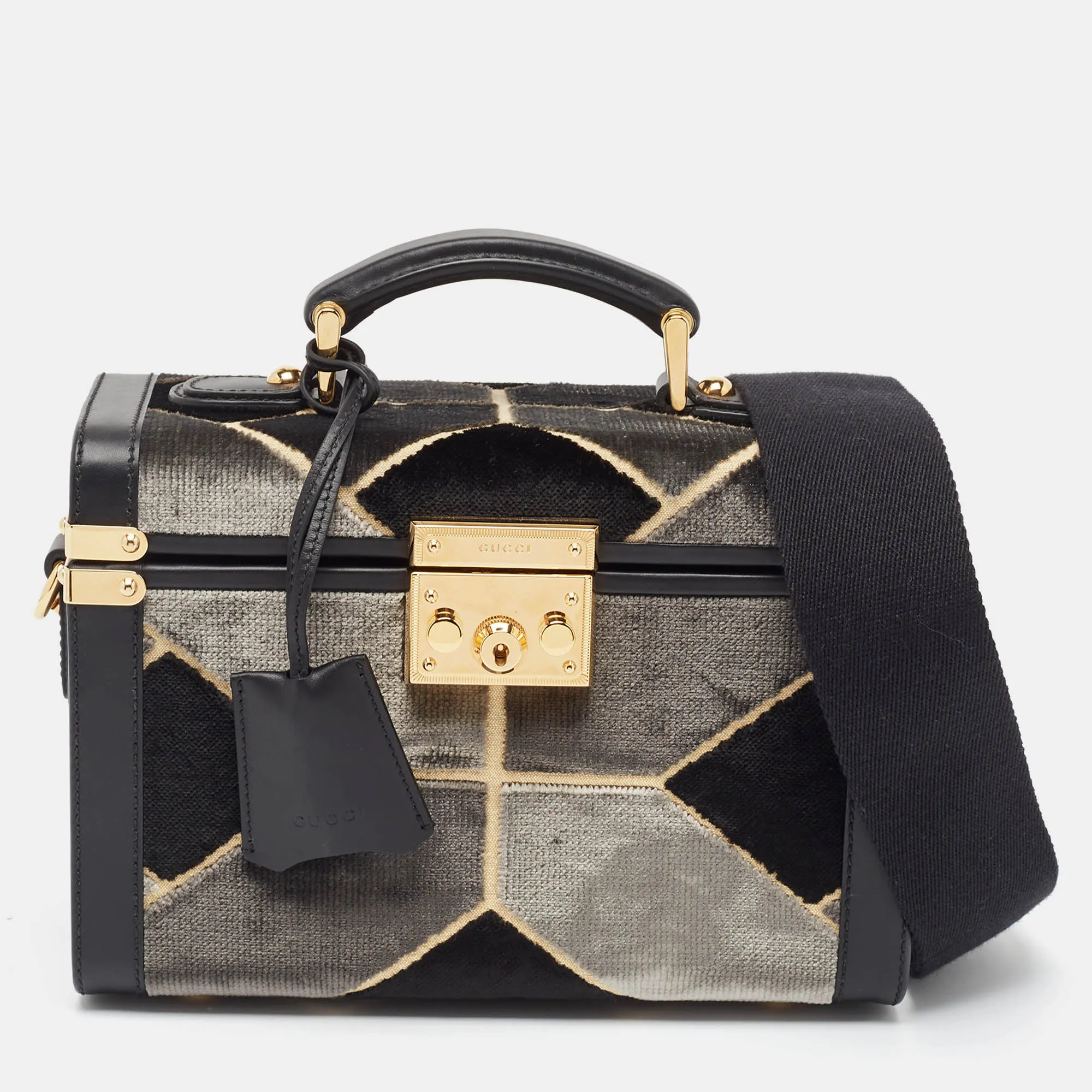 Gucci Black/grey Printed Velvet And Leather Savoy Beauty Case Bag