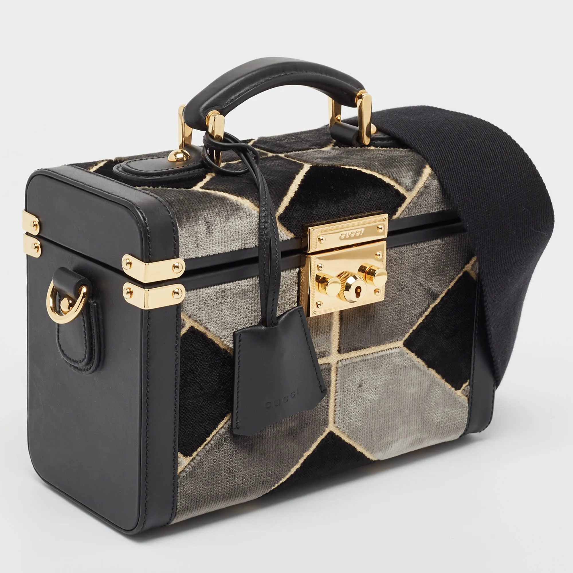 Gucci Black/grey Printed Velvet And Leather Savoy Beauty Case Bag