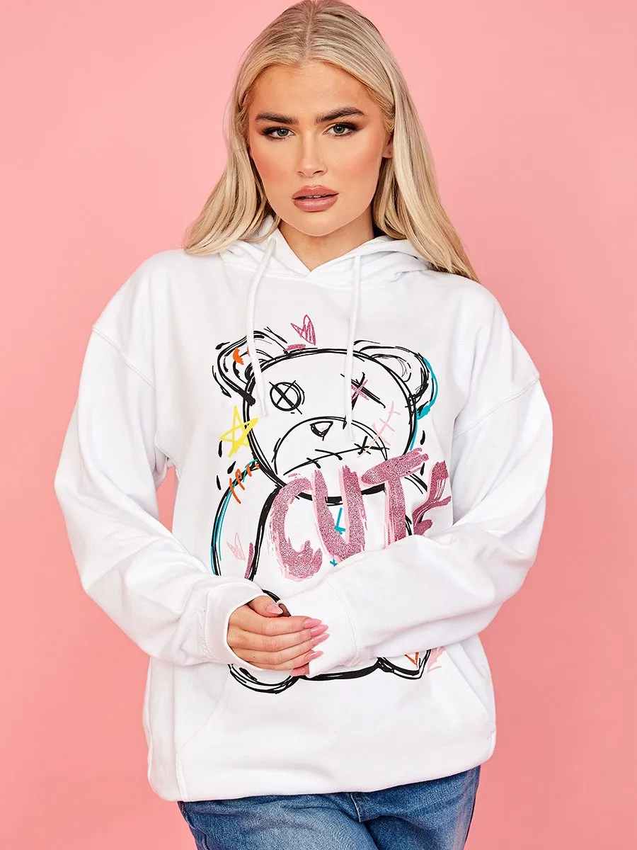 Isabela Cute Teddy Graphic Print Hoodie In White