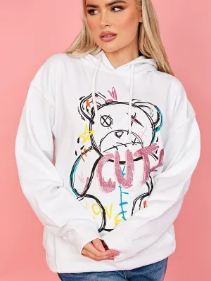 Isabela Cute Teddy Graphic Print Hoodie In White