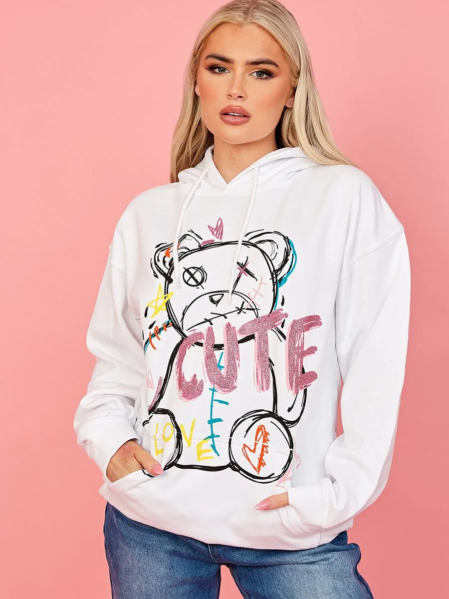 Isabela Cute Teddy Graphic Print Hoodie In White
