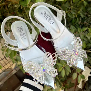 JIMMY CHOO RHINESTONE BUTTERFLY FLAT SANDALS - SILVER