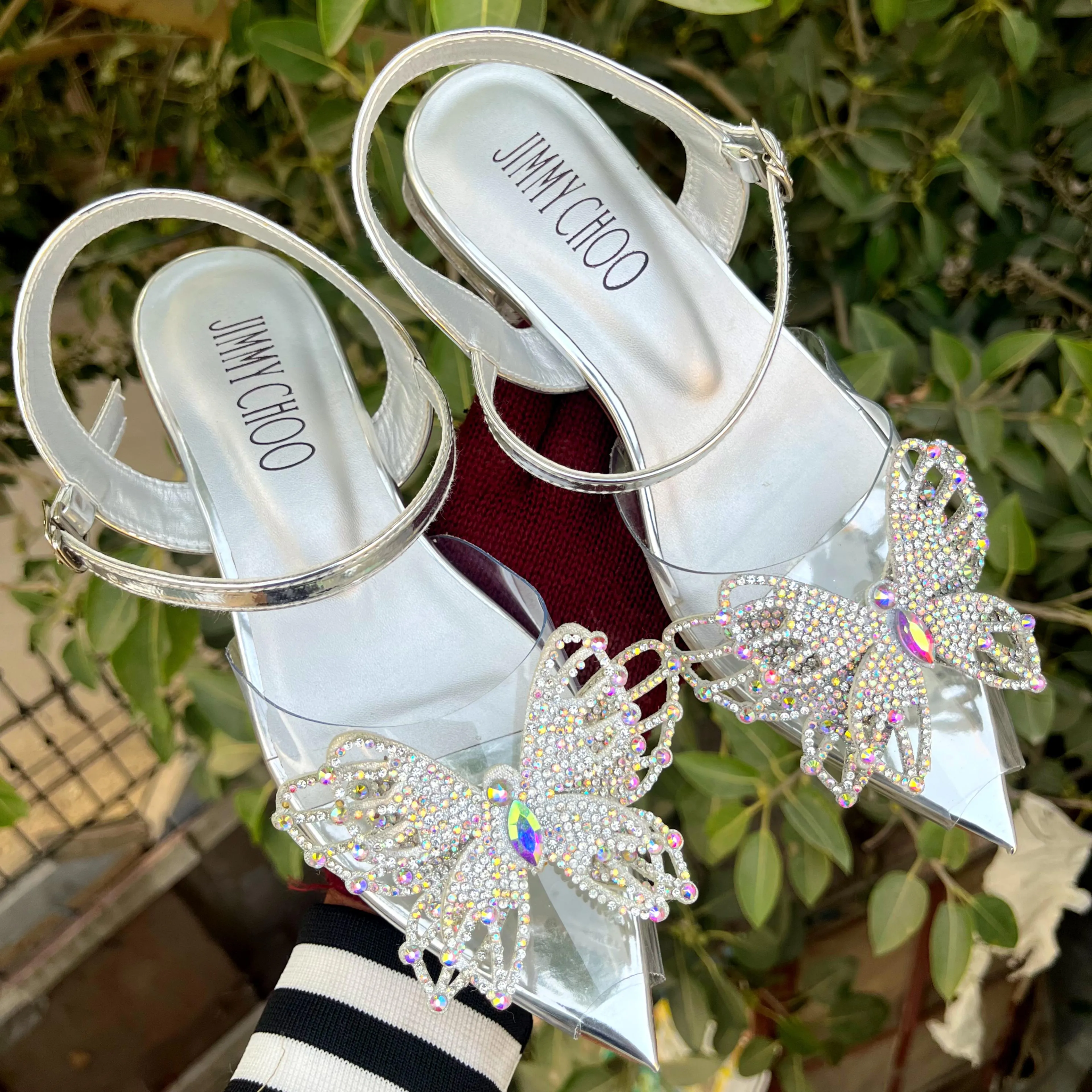 JIMMY CHOO RHINESTONE BUTTERFLY FLAT SANDALS - SILVER