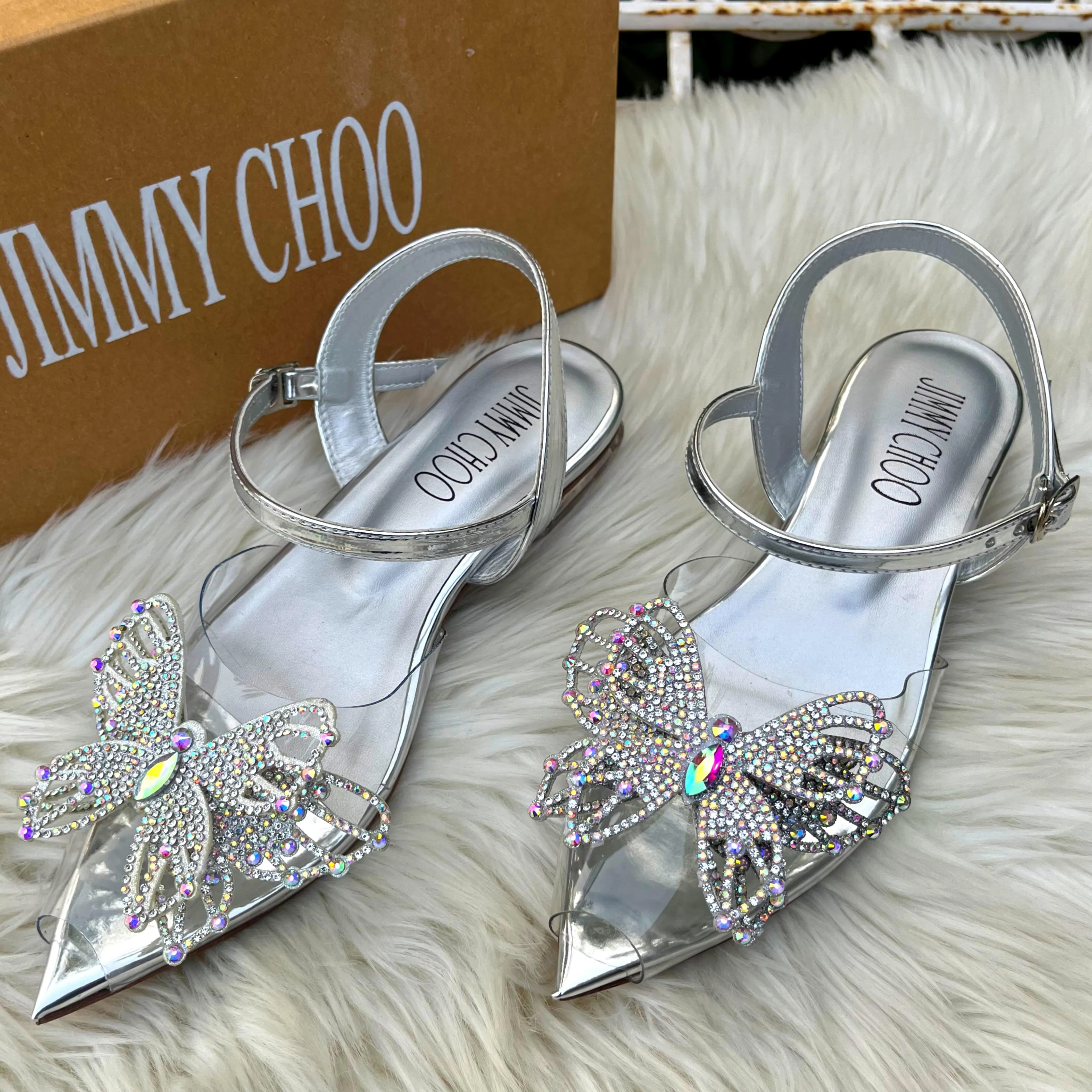 JIMMY CHOO RHINESTONE BUTTERFLY FLAT SANDALS - SILVER