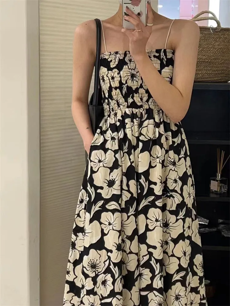 [Korean Style] Floral Spaghetti Strap Smocked Dress