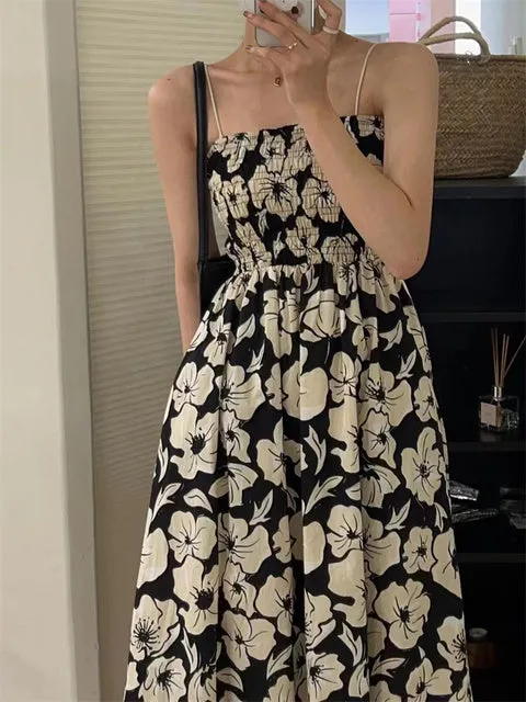 [Korean Style] Floral Spaghetti Strap Smocked Dress