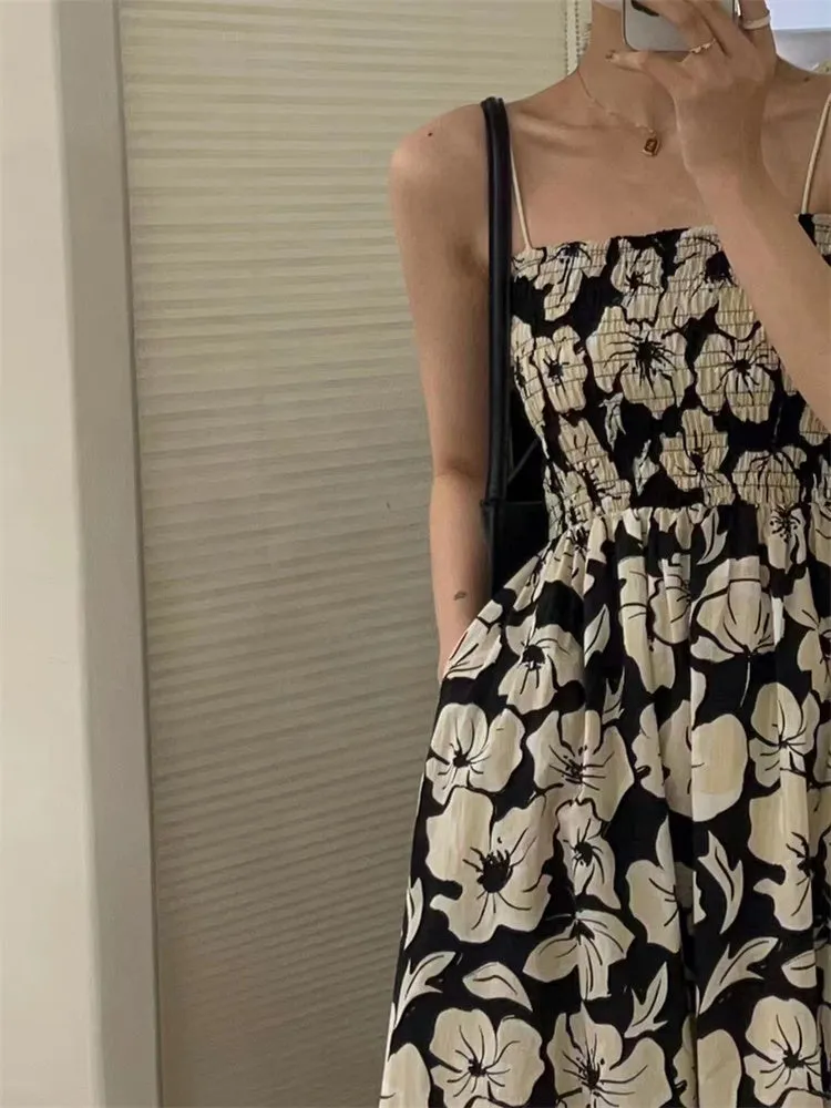 [Korean Style] Floral Spaghetti Strap Smocked Dress