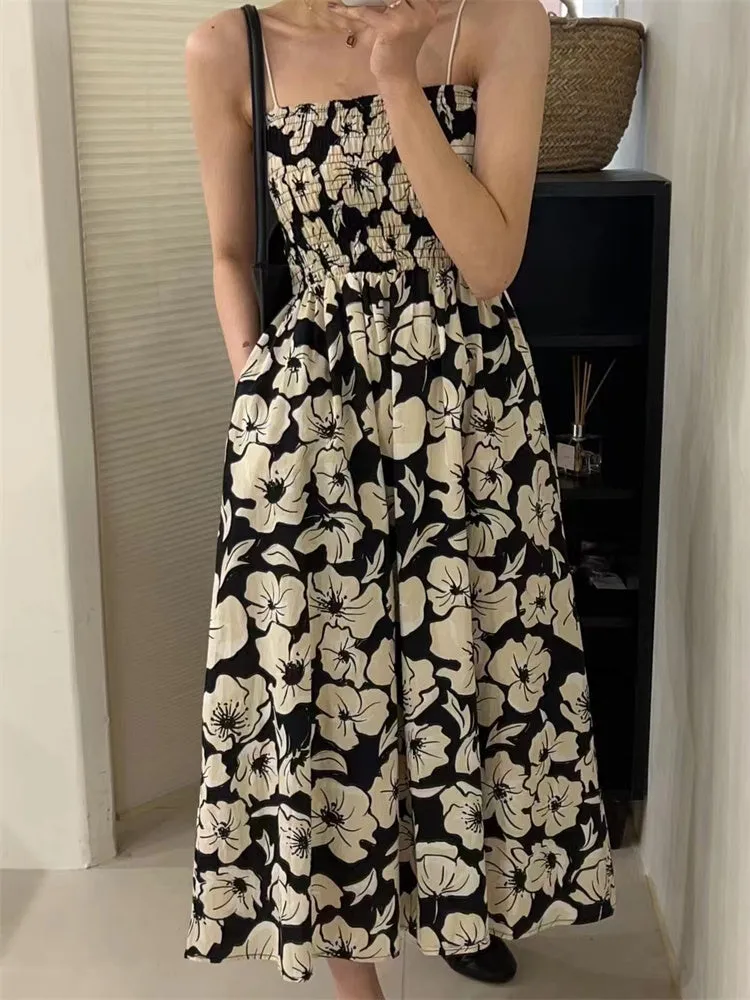 [Korean Style] Floral Spaghetti Strap Smocked Dress