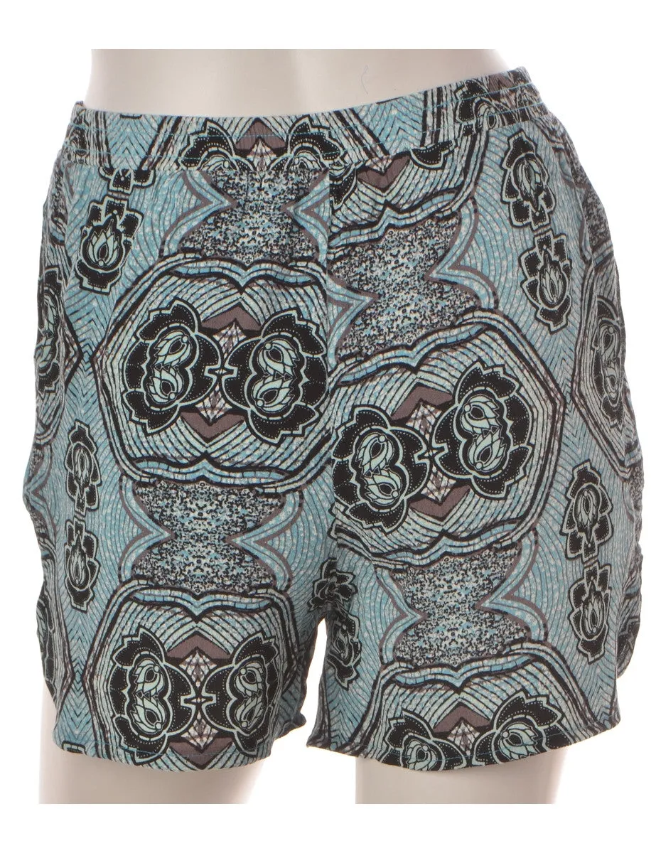 Label Curved Hem Blue Summer Shorts