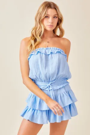 Light Blue Gauze Strapless Ruffle Detail Flounce Romper Dress