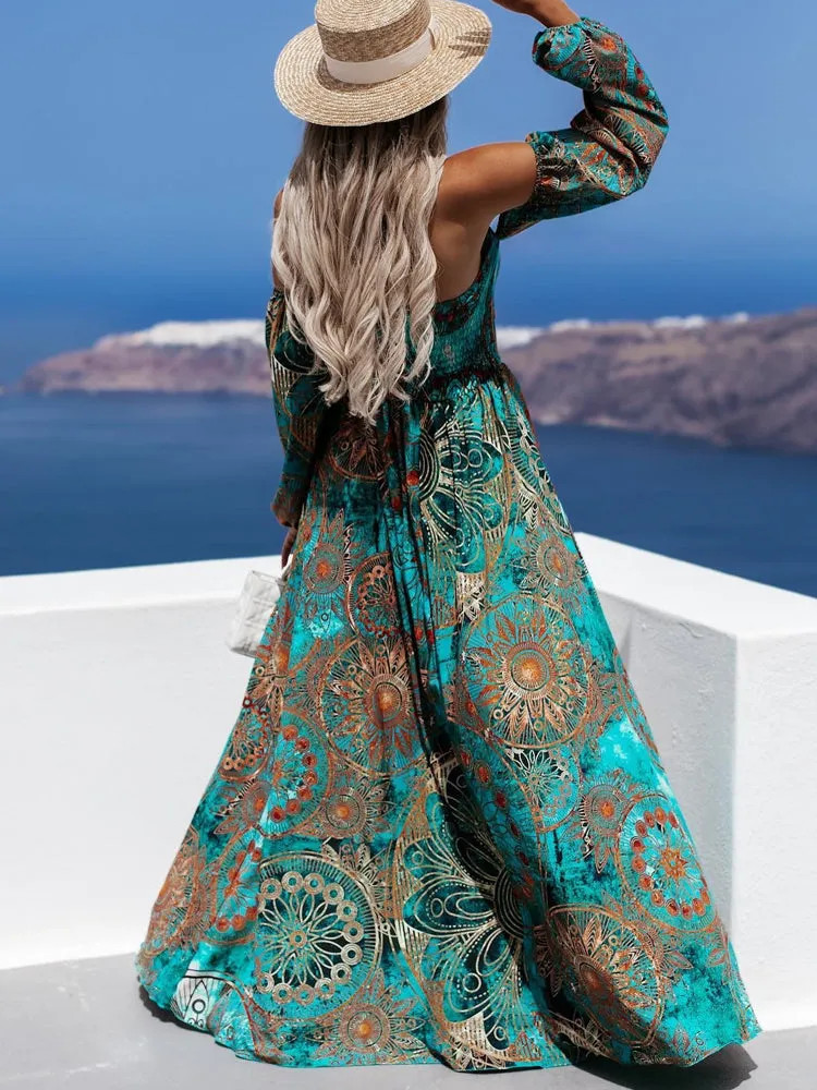 Off Shoulder Printed Boho Long Dress