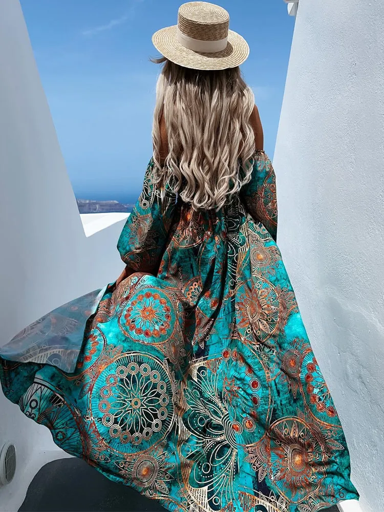 Off Shoulder Printed Boho Long Dress
