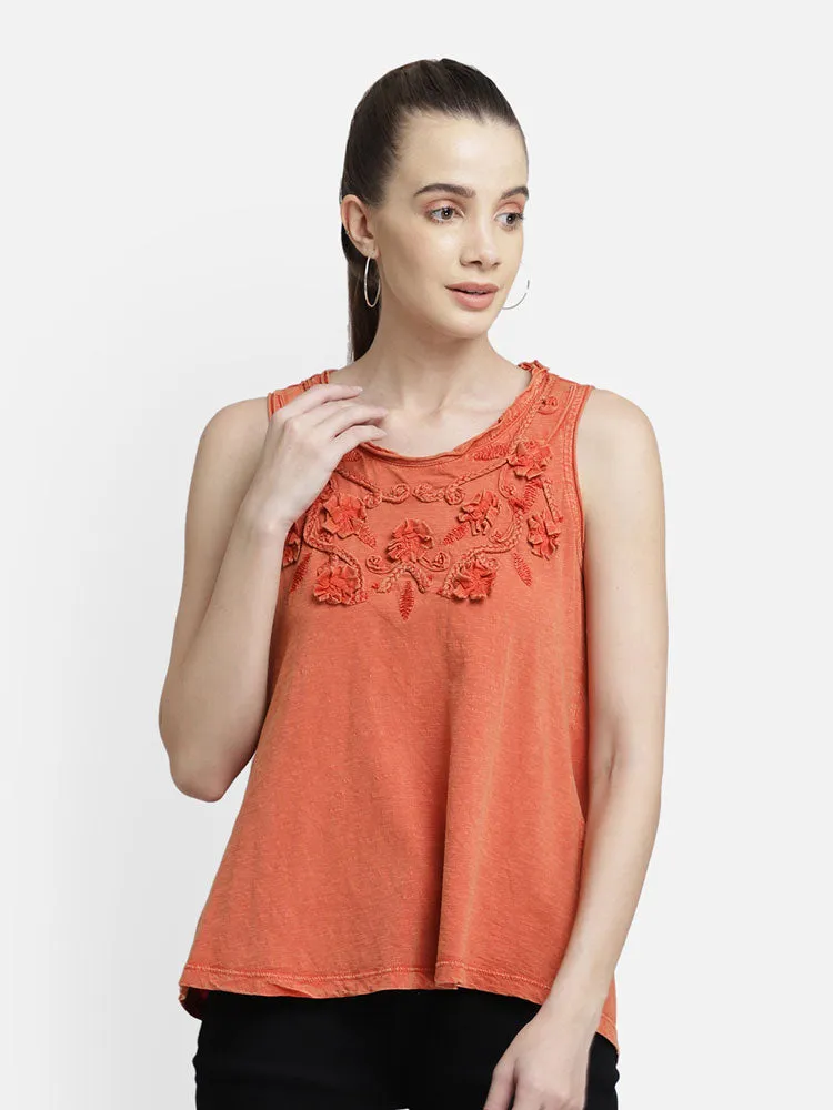 Orange applique viscose top