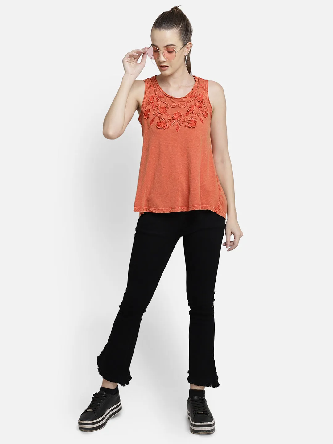 Orange applique viscose top