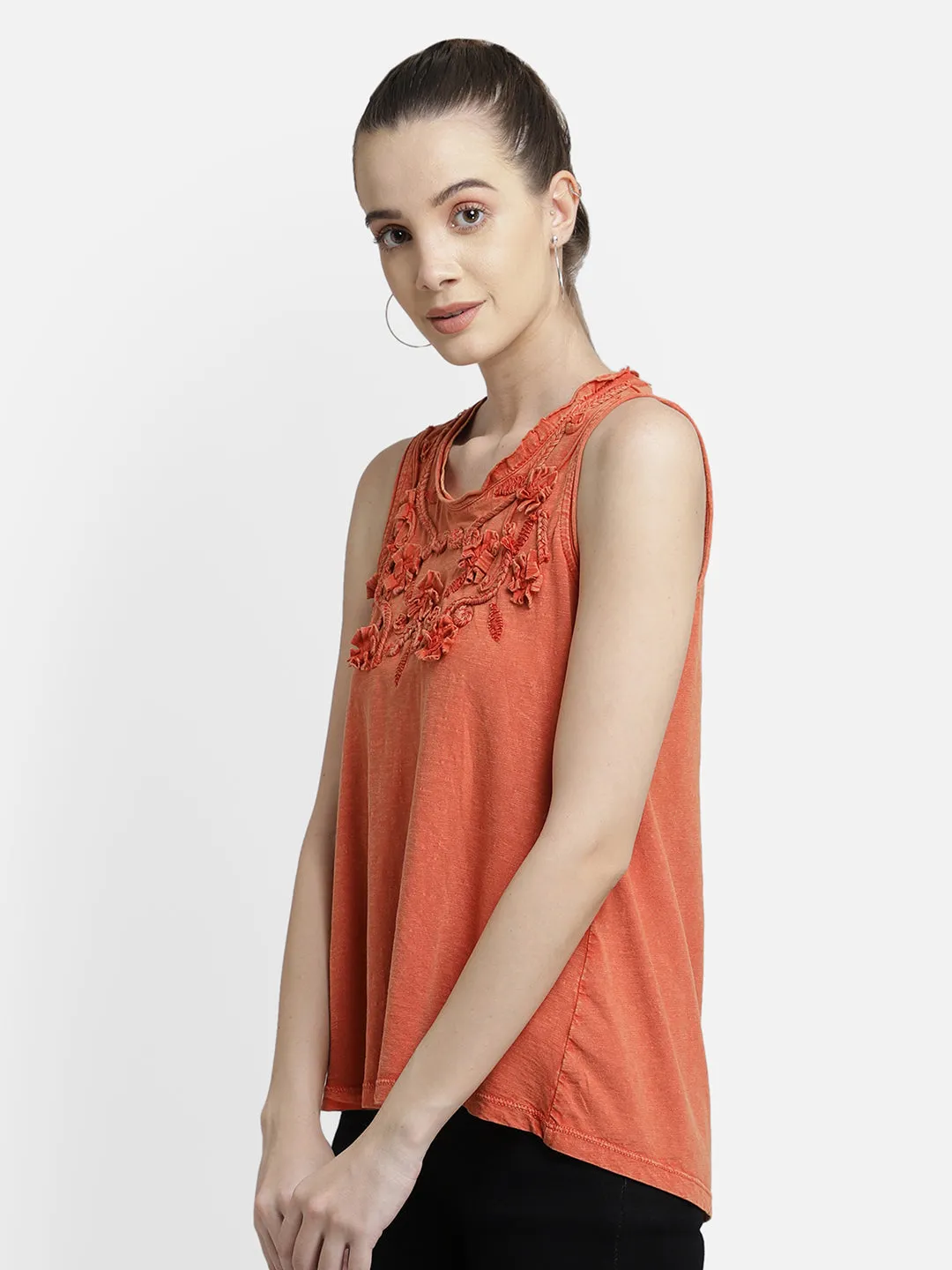Orange applique viscose top