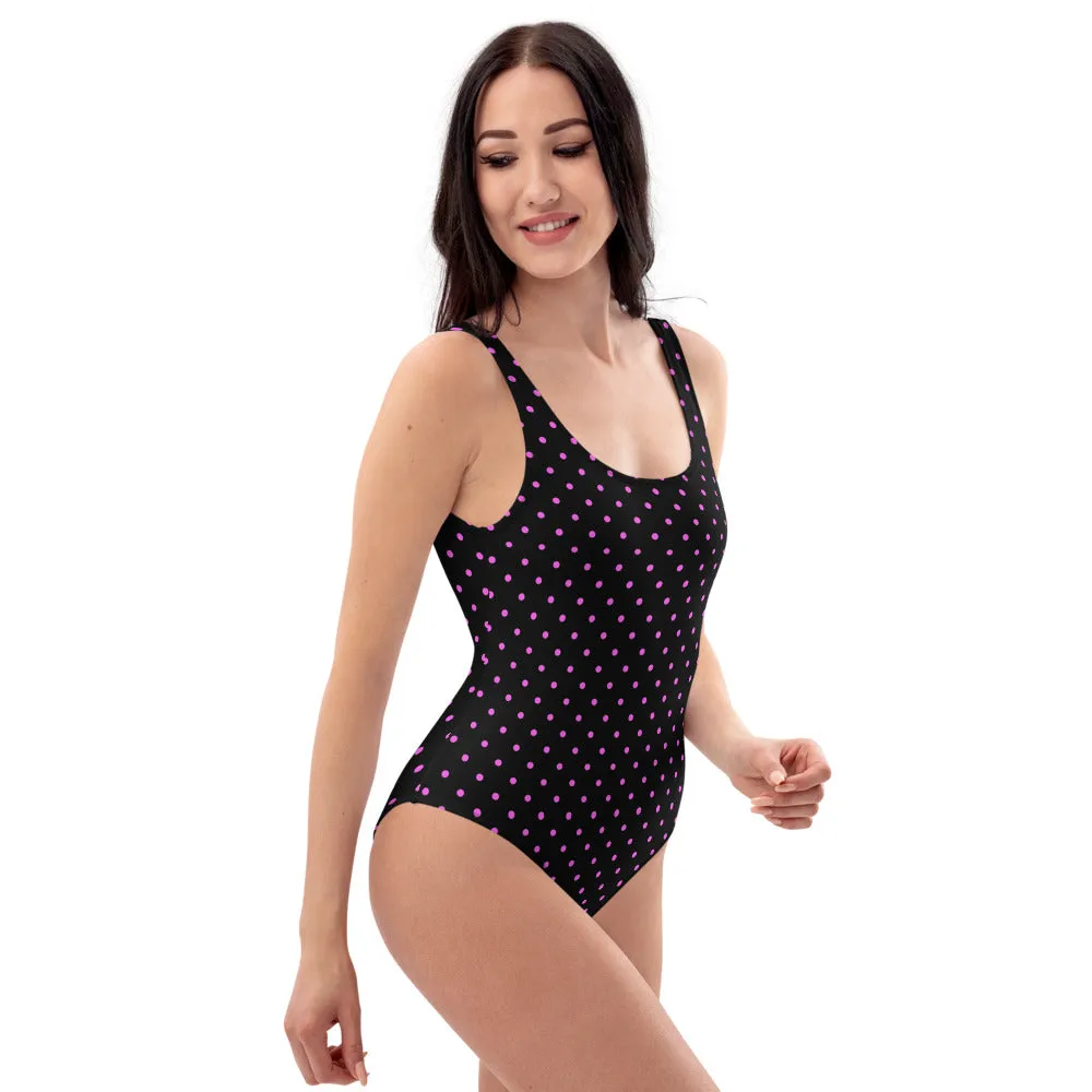 Pink Dots One-Piece Swimsuit, Women's Polka Dots Modern Cute Swimwear-Made in USA/EU