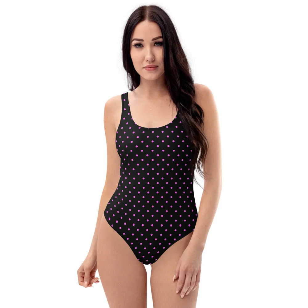 Pink Dots One-Piece Swimsuit, Women's Polka Dots Modern Cute Swimwear-Made in USA/EU