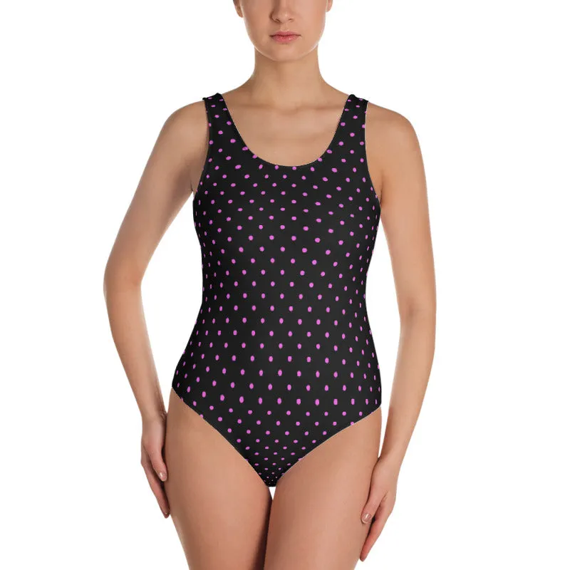 Pink Dots One-Piece Swimsuit, Women's Polka Dots Modern Cute Swimwear-Made in USA/EU