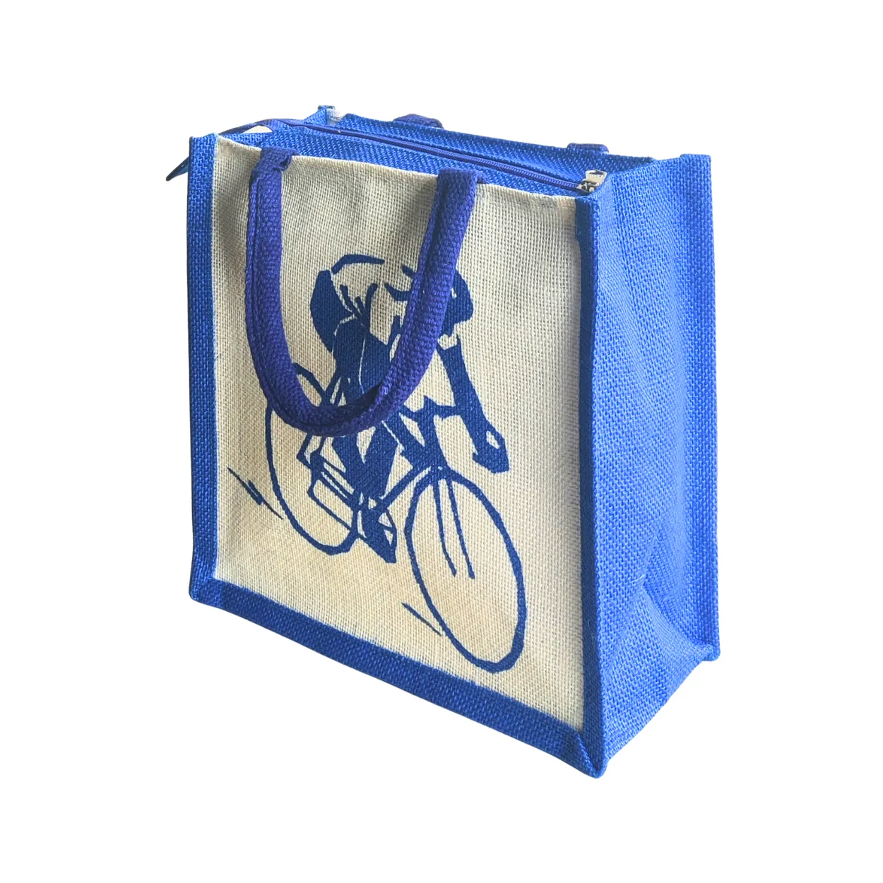 Printed Jute Standard Lunch Bag Cyclist Royal Blue