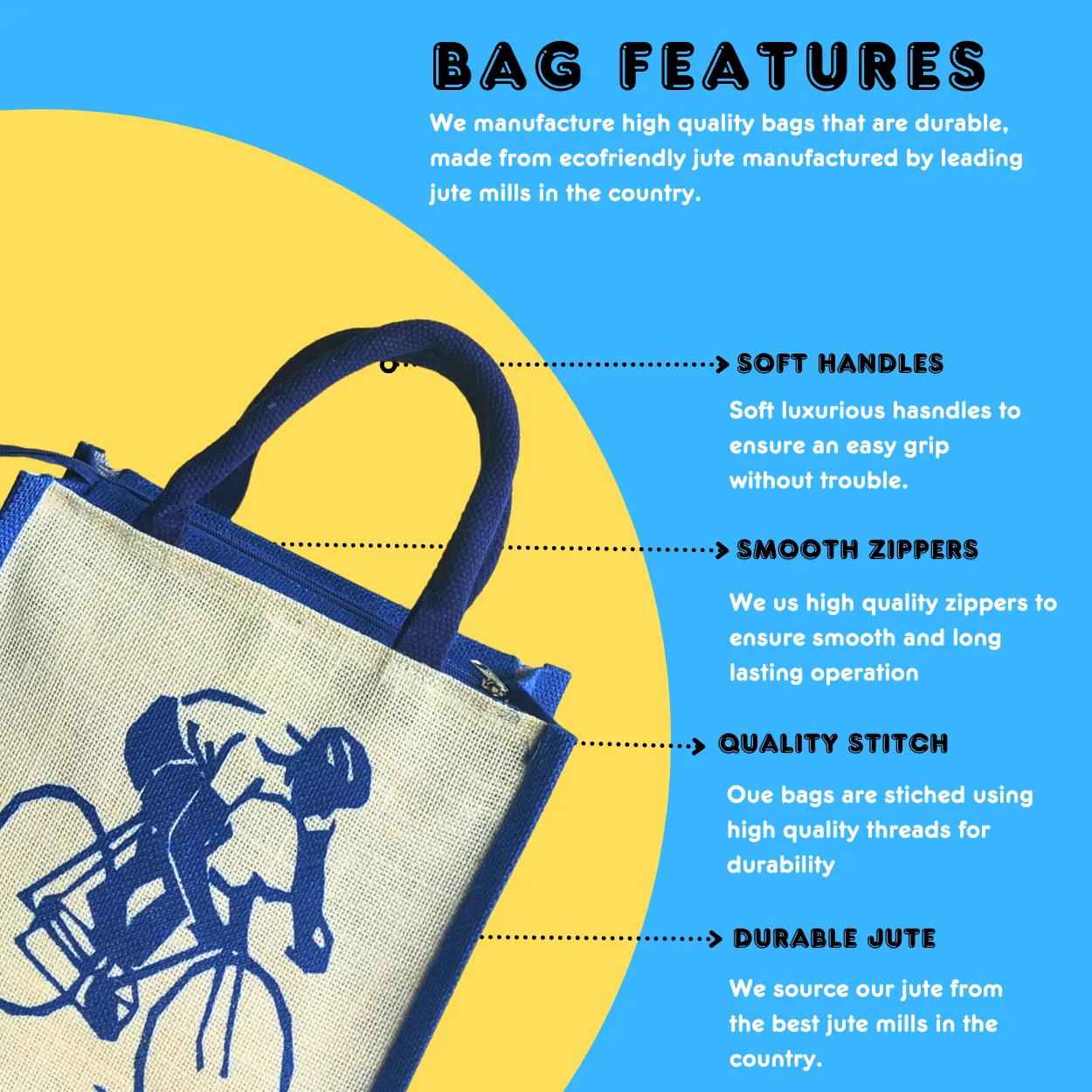 Printed Jute Standard Lunch Bag Cyclist Royal Blue