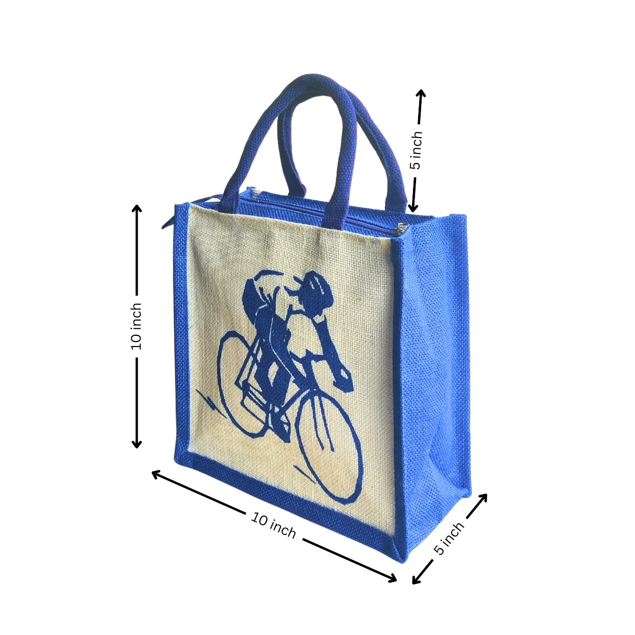 Printed Jute Standard Lunch Bag Cyclist Royal Blue