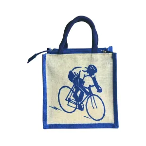 Printed Jute Standard Lunch Bag Cyclist Royal Blue