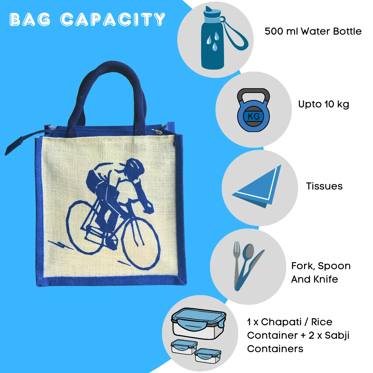 Printed Jute Standard Lunch Bag Cyclist Royal Blue