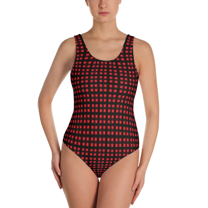 Red Buffalo Plaid Women's Swimwear, Classic One-Piece Plaid Swimwear-Made in USA/EU